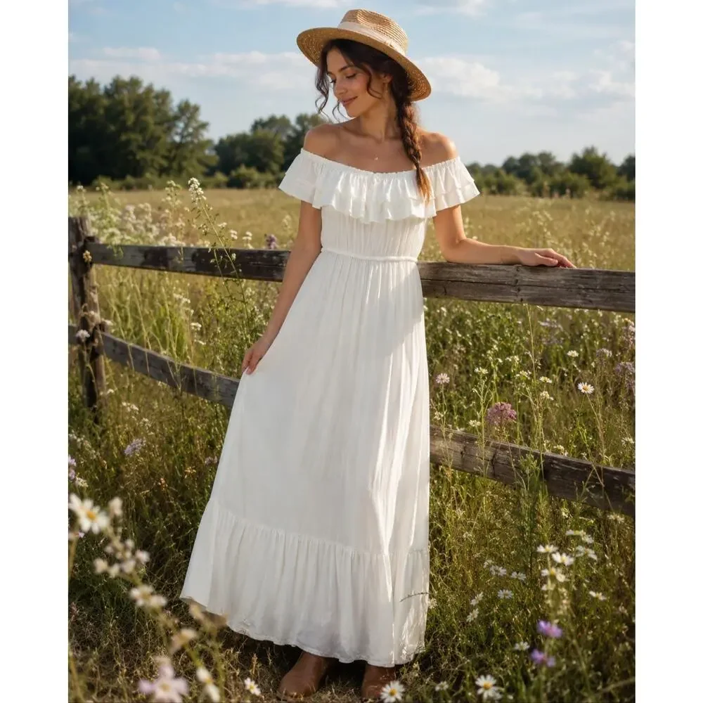 Anna-Kaci White Ruffle Maxi Dress L Off Shoulder Boho Coastal Vacation Feminine - Picture 2 of 14